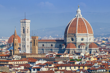 Florence, Duomo Cathedral, Basilica Santa Maria del Fiore and Giotto Campanile Panorama view from Michelangelo park square. Italy, Europeの写真素材