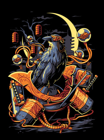 raven with robotic parts at nightのイラスト素材