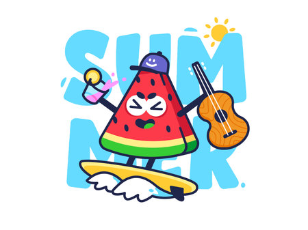 watermelon surfing with guitar and glassのイラスト素材