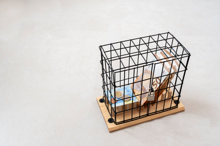 small cage with a lock with 50 and 20 euro banknotes and some coins inside, concept of crisis, saving or lack of cash, copy spaceの写真素材