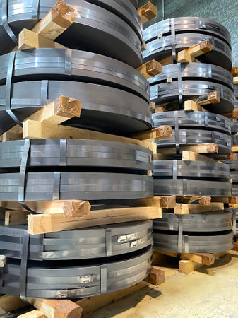 detail of a steel coil stacked one on top of the other, raw material, cold stamping, verticalの写真素材