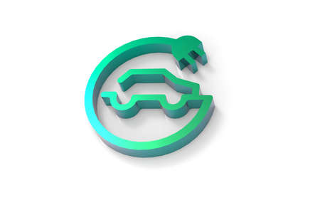 3D illustration of electric car in bright green color, on a white background, plug in car surrounded by circle shaped, horizontalの写真素材