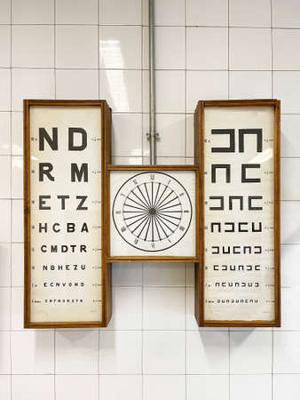 an antique eye chart in an old eye clinic, vintage eye chart with lettering and symbols, optical examination equipment, verticalの写真素材