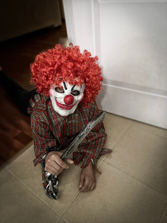 terrifying crazy clown lying on the floor with a smiling mask and a wig of curly red hair, hallowing costume, verticalの写真素材