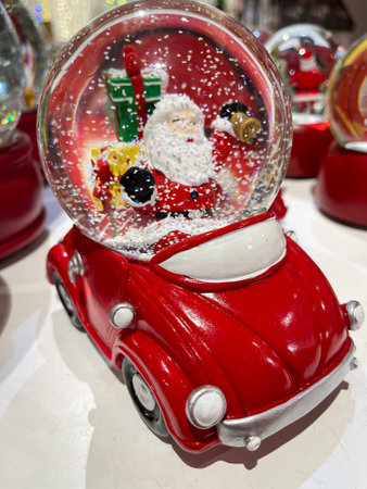 a red car with a Snow Christmas globe over with santa claus with christmas present inside, snow moving inside, portraitの写真素材