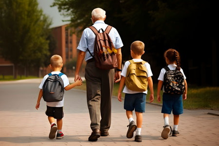 grandfather taking his grandchildren on their uniforms with their backpacks to school, taking one of them by the hand, in line side by side, horizontalの素材
