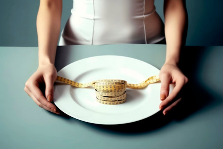 close-up of a woman's hands and a plate with a sewing tape on it on top of a blue table, the problem of eating disorders in our society, horizontalの素材
