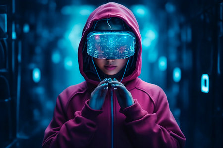 girl in a red sweatshirt with the hood on wearing glowing virtual reality glasses and with a headset in her ears while putting her fingers together and looking at all the information the glasses give her, futuristic background, future of modern society, horizontalの素材
