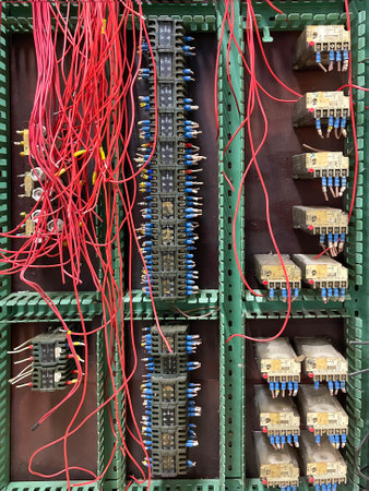 an old machine electrical cabinet with old electrical components, contacts with red cut wires and...