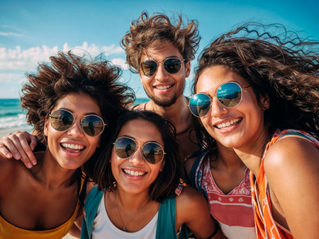 a group of multiracial friends take a fun selfie on a fun sunny day at the beach, all wearing sunglasses and windblown hair, horizontalの素材