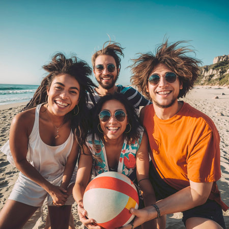 Four friends pose together on the beach, holding a beach ball, four multiethnic friends spend a fun summer day at the beach, square formatの素材