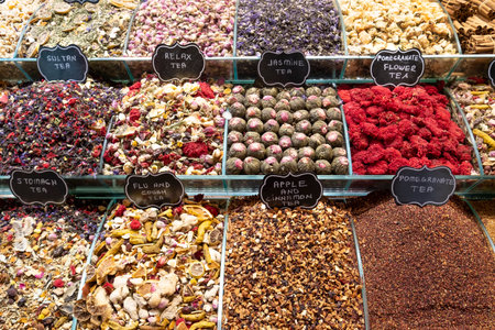 displays with different kinds of tea in a typical turkish store in the Spice bazaar or Egyptian...