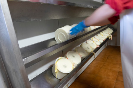 a woman leaves a pressing and draining mold for cheese making, on a stainless steel shelf full of cheeses, cheese making and handmade dairy products, designation of origin, horizontalの写真素材