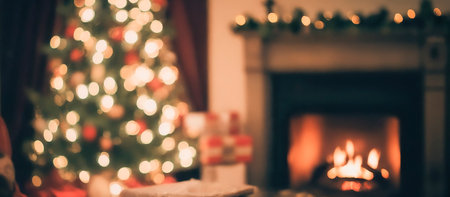 Blurred bokeh background of a cozy christmas scene ,a glowing tree with warm lights sits next to a festive fireplace creating a relaxing holiday atmosphere, banner readyの素材