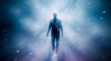 A surreal, dreamlike image shows a semi-silhouetted human figure walking through a glowing veil of celestial light,the image is rendered in high-concept digital compositing and light photographyの素材