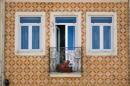 Colorful traditional Portuguese facade with tiled wall, three windows, and a small balcony with red flowers, showcasing classic architecture and ornamental designの写真素材