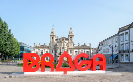 Braga lettering on the square in front of the Saint Marcos church in Braga, Portugalの写真素材