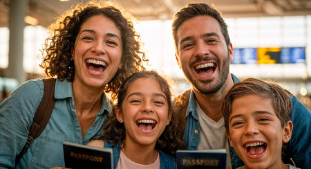 Diverse family portrait bursting with ecstatic laughter at a bright airport terminal High key close-up on faces with passports celebrating vacation travel and adventureの素材