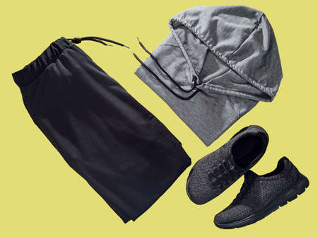 Collage of sportswear on yellow backgroundの写真素材