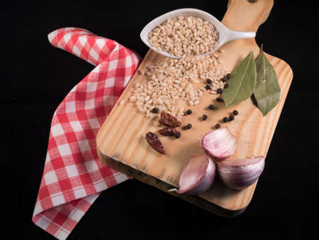 Close-up of garlic, rice, spices, etc. Healthy foodの写真素材