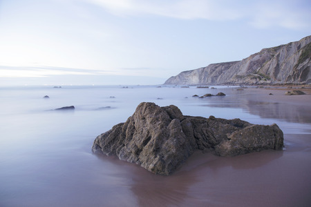 Serene seascape in Barrika beach, Biscay, Basque Country, Spain. Long exposure shot.の写真素材