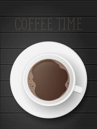 A realistic cup of coffee view from above. The cup is on a wooden table. Black wooden table. Vector.のイラスト素材
