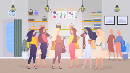 Women's clothing store vector. Girls with shopping. The concept of sales and discounts.のイラスト素材