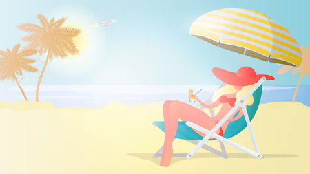 Girl in a swimsuit resting on the beach. Girl on a beach chair with a cocktail in her hands. Beach, palm trees, cocktail, deck chair, umbrella. Vector illustrationの写真素材