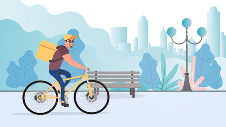 Food delivery by bike. The guy on a bicycle rides in the park. Bicycle delivery concept. Vector...