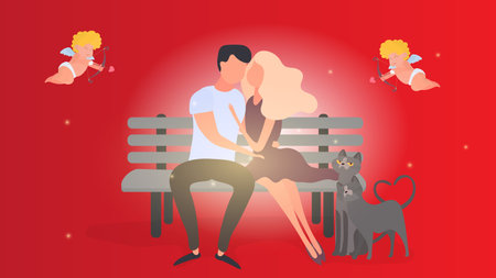 Loving couple cuddling on a bench. Red banner. Boyfriend, girl, cats, hugs, love, cupids. Design element on the theme of Valentine's Day. Vector.のイラスト素材