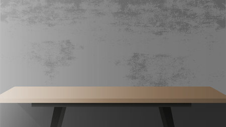 Wooden table with black metal base. Empty table, gray, concrete wall. Vector illustration
