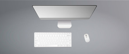 Flat lay, top view office desk. Keyboard, computer mouse, monitor. Realistic vector illustration.のイラスト素材