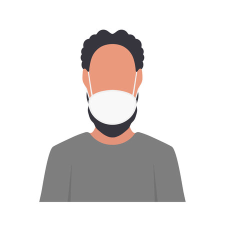 A black-haired man with a beard wearing a protective face mask. Medical mask. Vector.のイラスト素材