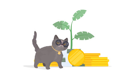 A gray fashionable cat with glasses and a gold chain stands near a mountain of money. A mountain of gold coins, green bills, dollars. For creative design on the topic of business and finance.のイラスト素材