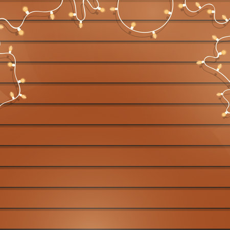 Wooden background with garlands. Garlands with light bulbs, background with place for text. Vector.のイラスト素材