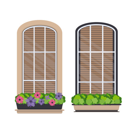 Set of Semicircular windows with flowers in a flat style. Window with shutters. Vectorのイラスト素材