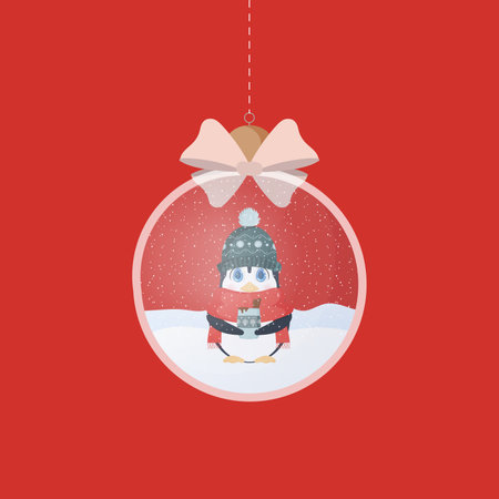 Transparent silver Christmas ball with a penguin inside. On a red background. Vector illustrationのイラスト素材