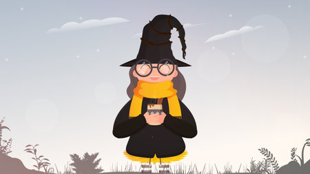 A cute witch with mulled wine is standing in the forest. Girl in black suit and hat holding a cup with hot drink. Halloween concept. Vector.のイラスト素材
