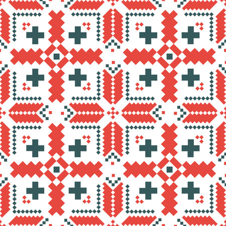 Ukrainian, Belarusian embroidery vector seamless pattern, cross-stitch ornament inpired by folk art - Vyshyvanka. Slavic ornament from Eastern Europe, repetitive decoration in red and blackのイラスト素材