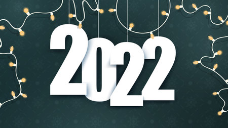 2022 banner. Green background with space for text. Dark green banner with garlands and a festive pattern. Vector.のイラスト素材