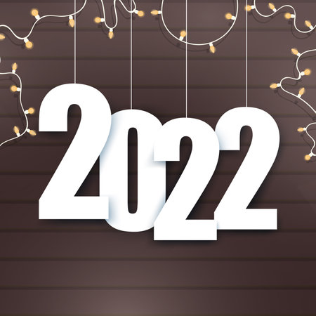 2022 banner. Realistic wooden background with garlands and light bulbs. Wooden boards, festive garlands, background with place for text. Vector illustration.のイラスト素材