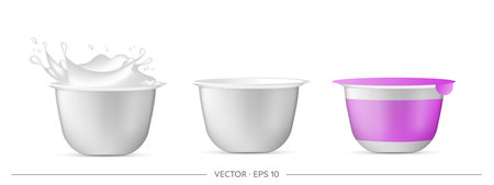 Set of plastic cups for yogurt. Isolated on a white background. Vector illustration.のイラスト素材