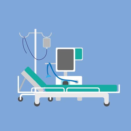 Hospital bed isolated on a blue background. Dropper, ventilator. Vector illustration.のイラスト素材
