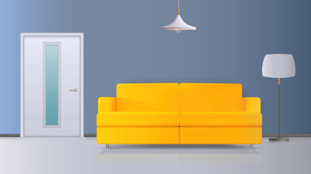 Vector illustration of an interior. Yellow sofa, white door, floor lamp with white lampshade, white ceiling lamp. Realistic vector interior.のイラスト素材