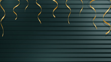 Striped dark green realistic metallic or glossy wood background with gold serpentine ribbons. Vector.のイラスト素材