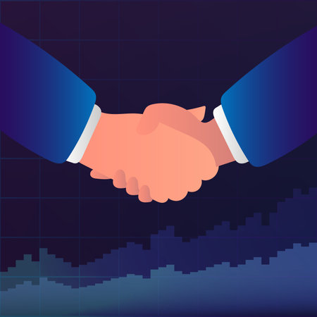 Handshake between businessmen, business partners. Background with financial charts. The concept of successful negotiations and transactions. Vector illustration.のイラスト素材
