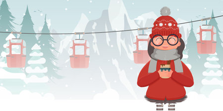 A girl in winter clothes is holding a hot drink. Cable car or funicular. Banner with space for text. Vector illustration.のイラスト素材