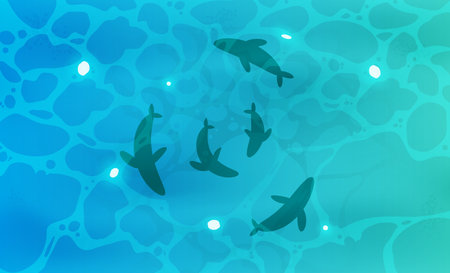 Fish in the water top view. Ocean, river or lake with clear blue water. Vector illustration.のイラスト素材