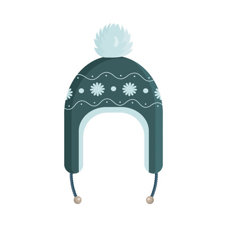 Green knitted hat with a vintage pattern. Warm winter hat. For design on New Year's or Christmas themes, as well as on the theme of winter. Vector, Flat style.のイラスト素材