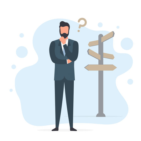 Cute cartoon confused businessman standing near pointer with different directions and choosing route, way, perspective. Flat isolated outline vector illustration on white background. Business templateのイラスト素材